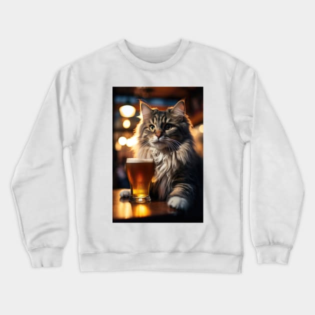 Bright Eyed Beer Cat Crewneck Sweatshirt by JensenArtCo